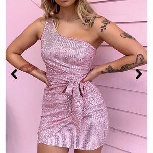 One shoulder sequin pink party dress